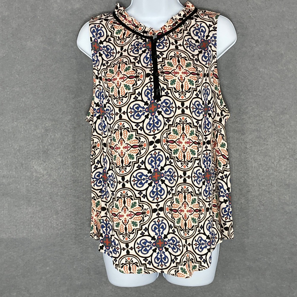 Knox Rose Sleeveless Blouse Tile Print Ruffle Neck Casual Lightweight Top Size L